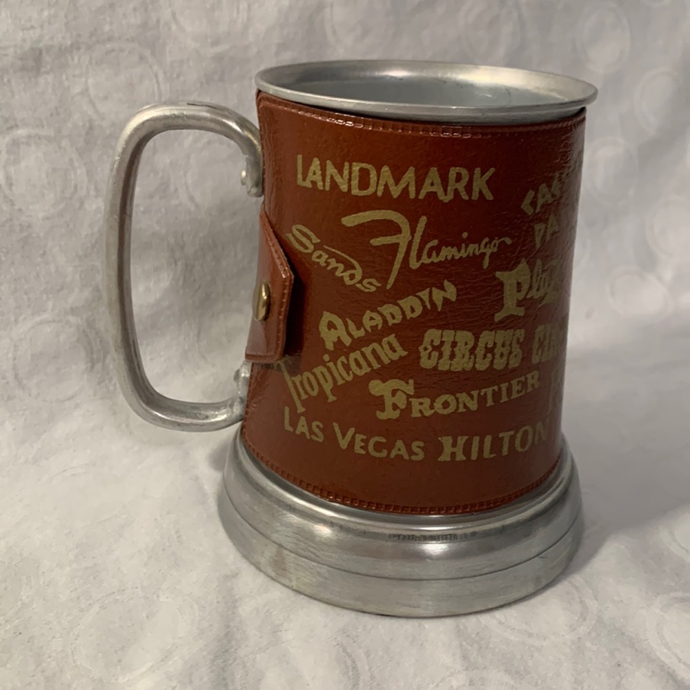 Vintage Las Vegas Aluminum Mug Leather Wrap Unique Clear Bottom Collectable